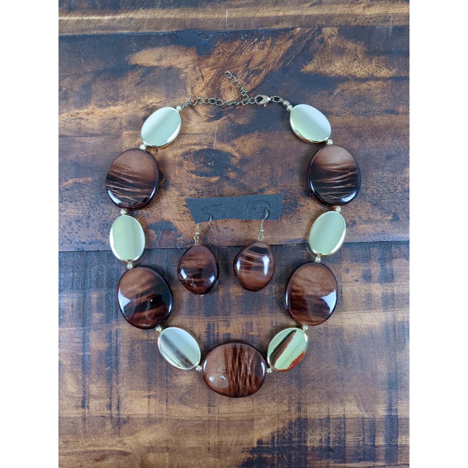 Chunky Statement Necklace & Matching Pendant Earrings Brown & Gold